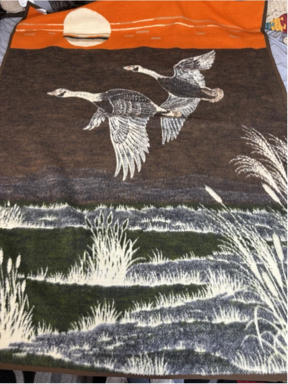 Vintage Biederlack Throw Blanket Reversible Ducks Geese Sunset Camp Retro 72x56